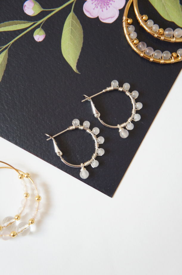 Серьги кольца конго плетеные с розовым кварцем