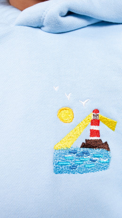 Детская толстовка оверсайз с капюшоном с вышивкой "маяк" материал футер, 100% хлопок, цвет голубой