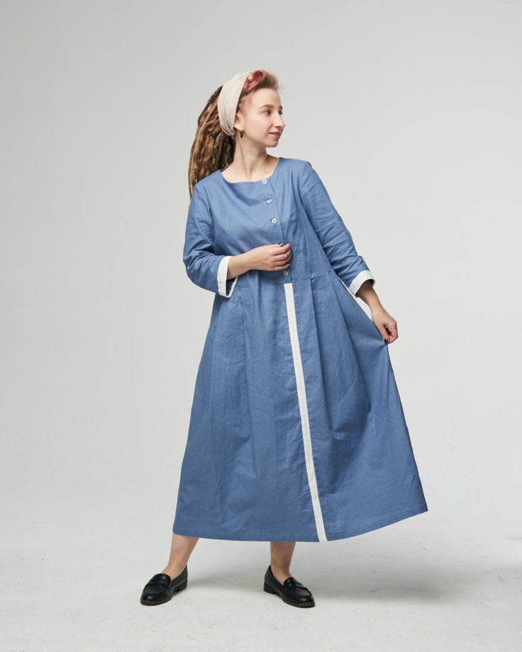 Бохо Платье "Утро" льняное голубое  из 100% льна с повязкой на выбор