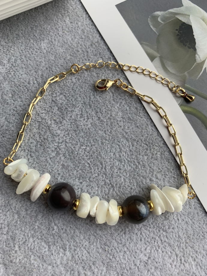 Браслет с перламутром и агатом Ботсвана «Туманныы мост»