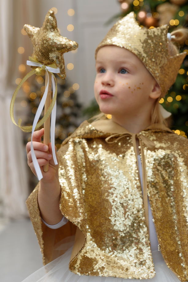 Карнавальный костюм принцессы Золото с короной и волшебной палочкой