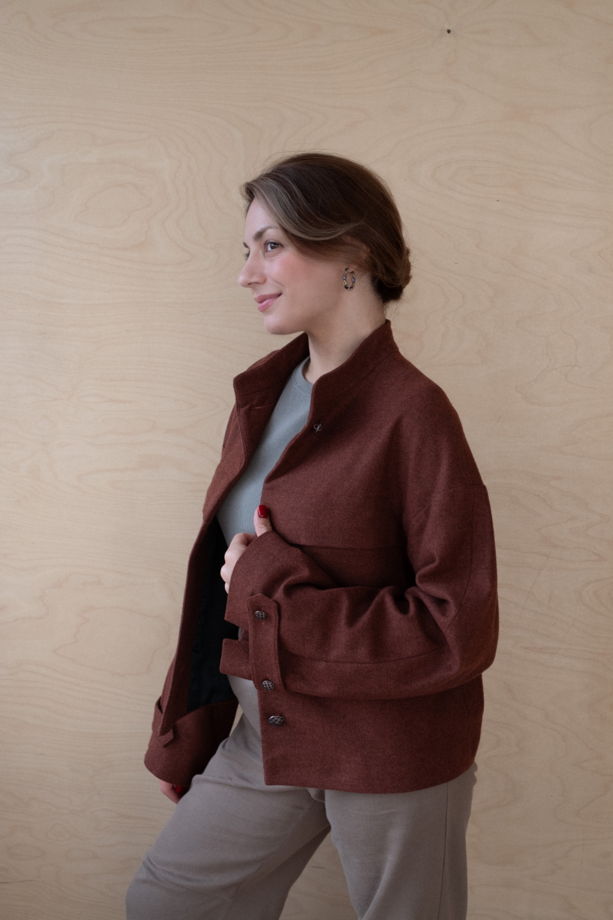 Фланелевое полупальто-жакет "РОУЗ" медного цвета с вышивкой