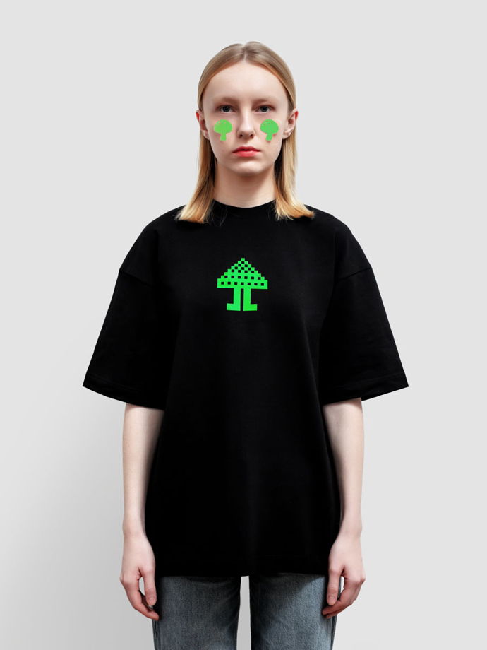 Черная футболка Мухоморье оверсайз принт зеленый гриб