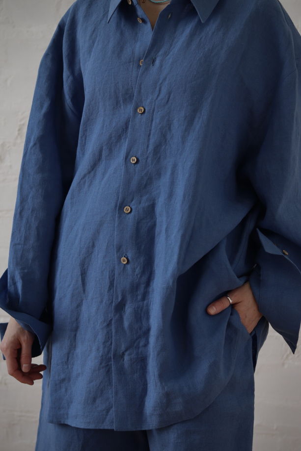 Льняная рубашка из умягченного льна синего цвета размера L-XL