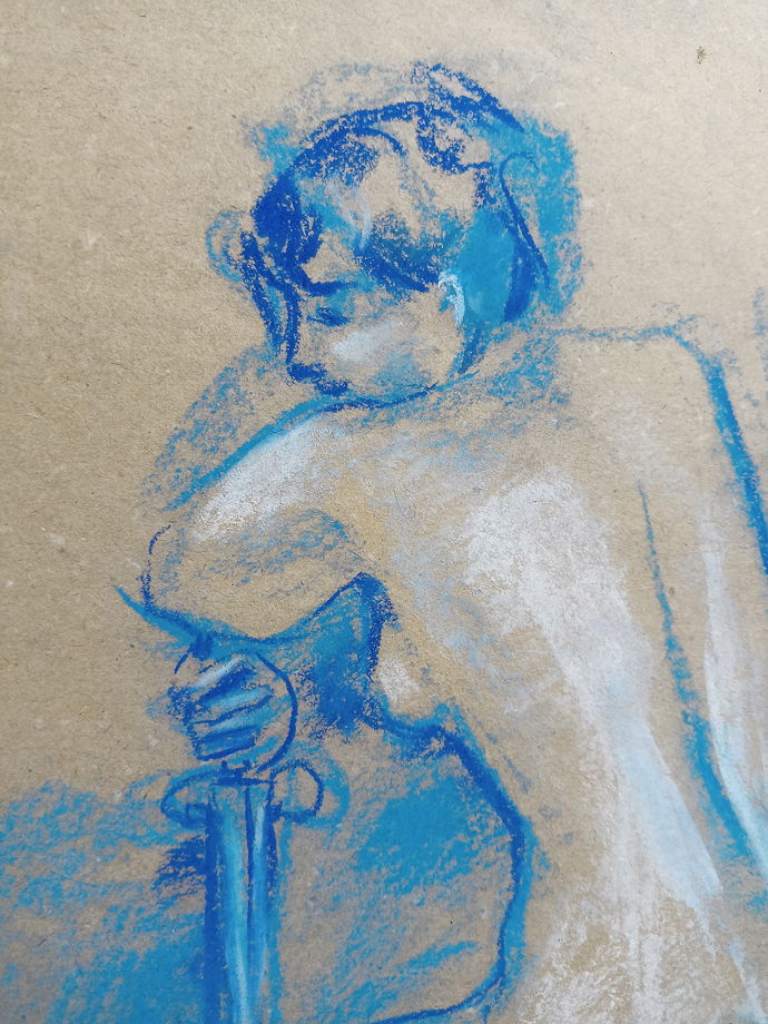 Обнаженная натура в голубых тонах - девушка с мечом. Интерьерная картина в раме с паспарту.