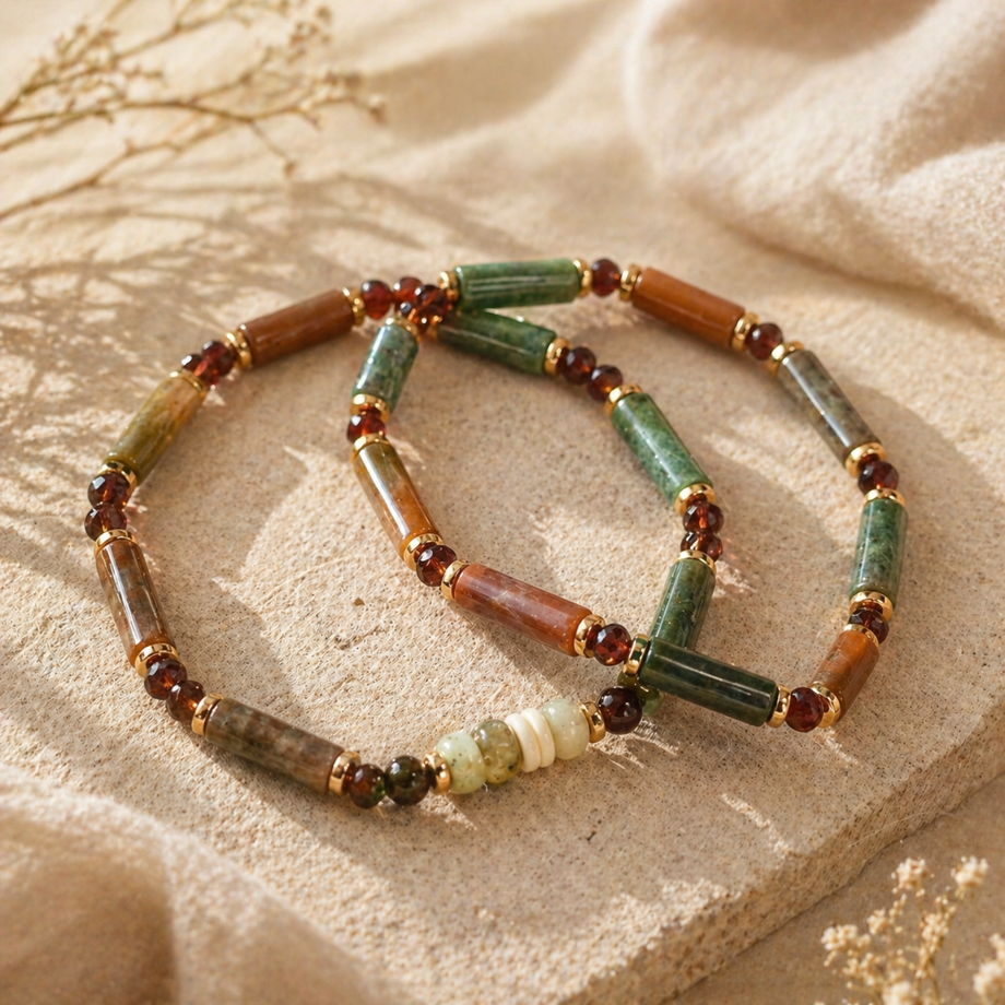 Пара браслетов из индийского агата, граната и окаменелого коралла