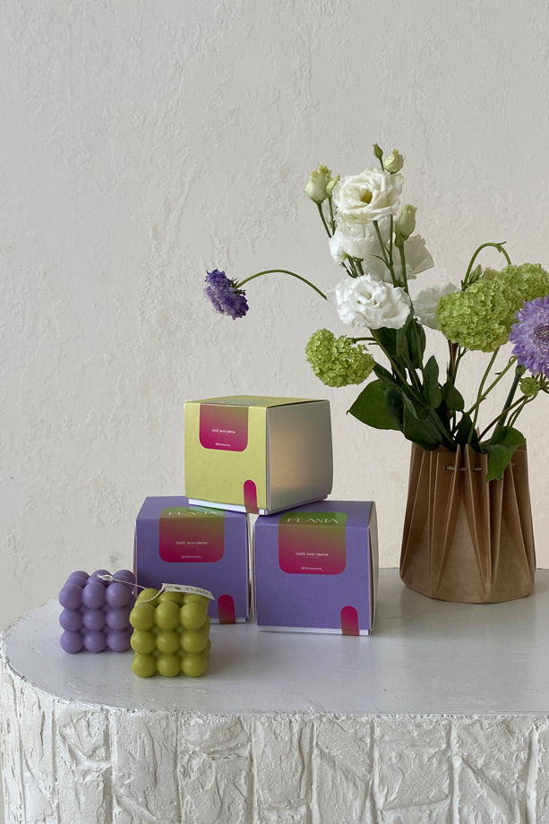 Свеча соевая оливковая в форме куба (бабл) для интерьера, подарка и декора дома ручной работы Flama