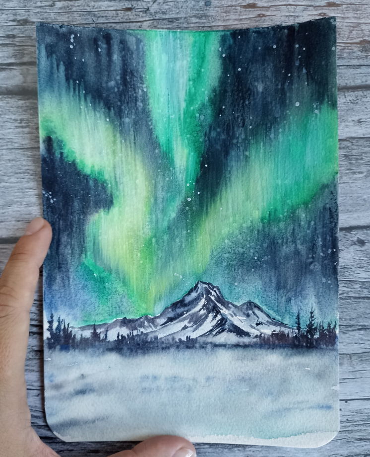 Картина акварелью *Северное сияние"