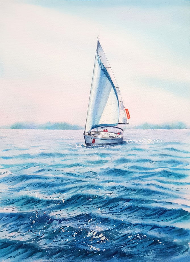 Диптих из акварельных картин "Яхта и океанская пена" (56 х 38 см)