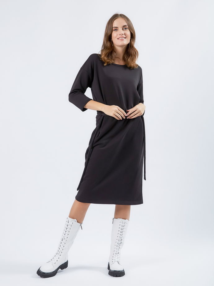 Платье трикотажное с поясом (черное) S/M, L/XL
