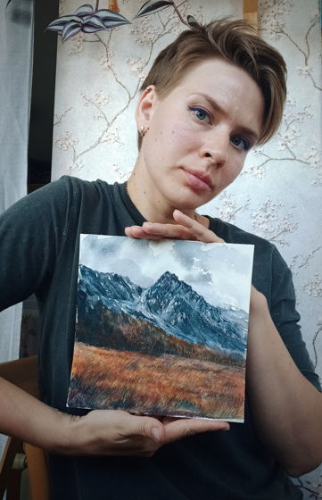 Картина акварелью горы осенью пейзаж 20 на 20 см