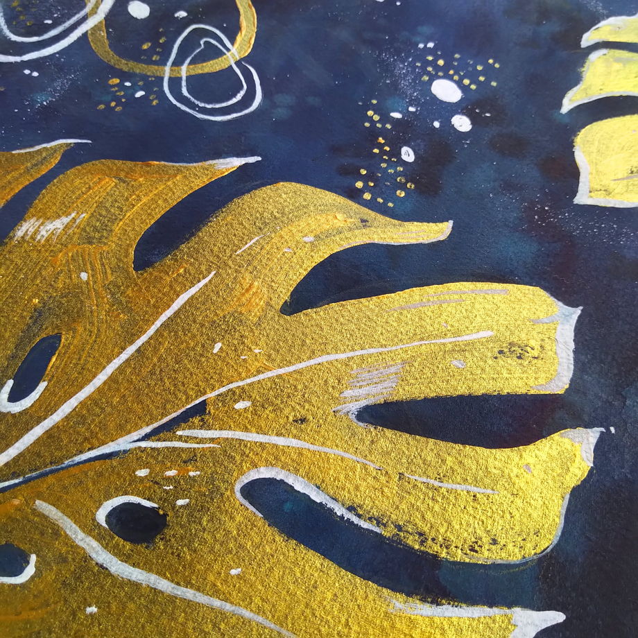 Картина акварелью и акрилом "Золотые пальмовые листья"
