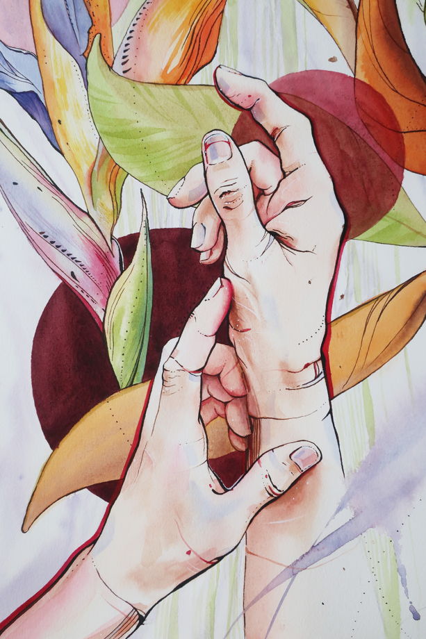 Рука в руке. Тропические цветы.  Картина в смешанной технике на бумаге