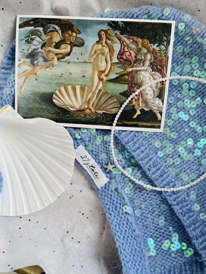 Подарочный набор бокс "Mermaid" чепчик с пайетками 54-56р, чокер, ракушка и открытка