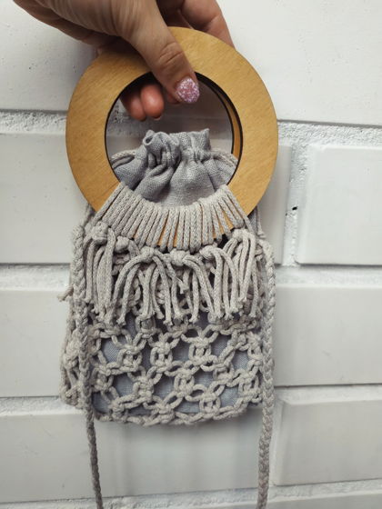 Летняя плетёная сумка ручной работы из хлопкового шнура льняного цвета "Косичка"