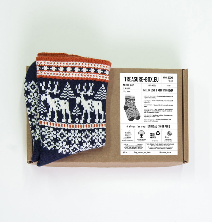 Носки с оленями в скандинавском стиле, 100% шерсть, подарок в коробке крафт