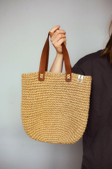 Летняя женская сумка-шоппер вязаная из джута с кожаными ручками S