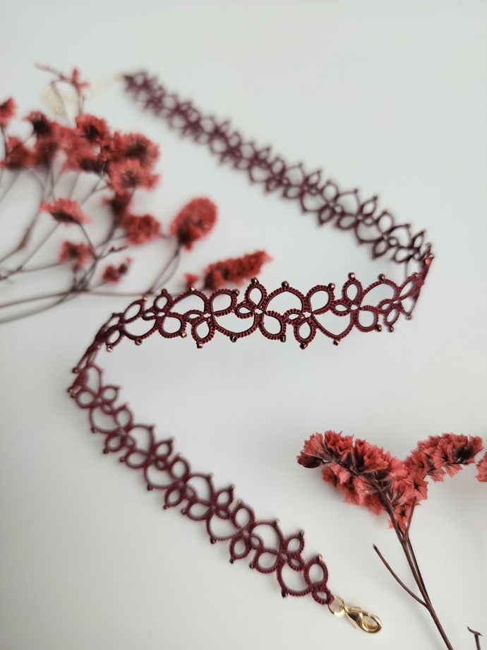 Чокер бордовый, плетеный женский чокер фриволите
