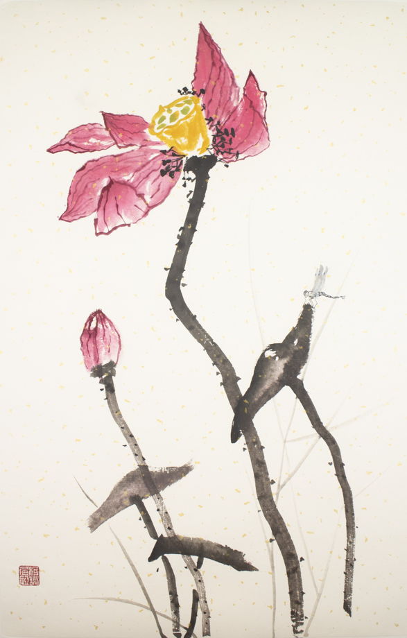 "Розовый лотос с серебристой стрекозой", картина в традиционном китайском стиле се-и (46* 69 см)