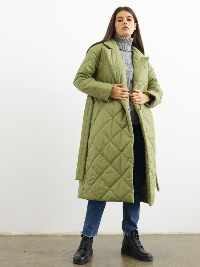 пальто стеганое утепленное зеленое оливковое