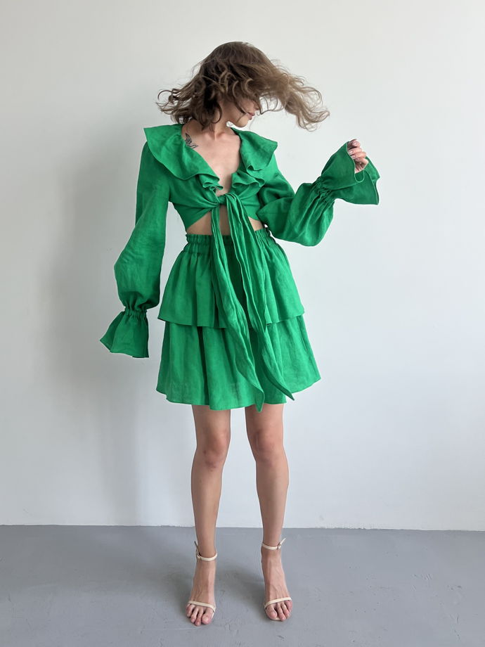 Зелёный костюм из 100% льна премиум качества