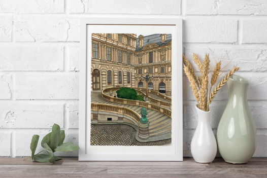 Акварельная картина «Двор Лувра»