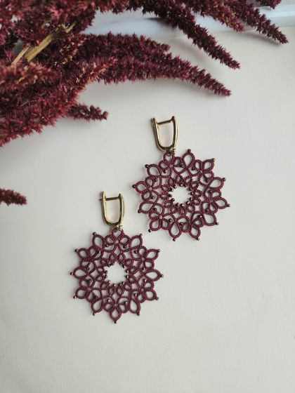 Серьги круглые плетёные, классические бордовые серьги фриволите