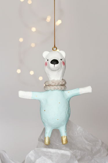 Авторская елочная игрушка "Медведь белый в голубом комбинезоне"