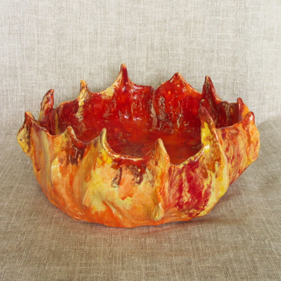 Керамическая ваза для фруктов или конфет "Огонь" красно-оранжевая