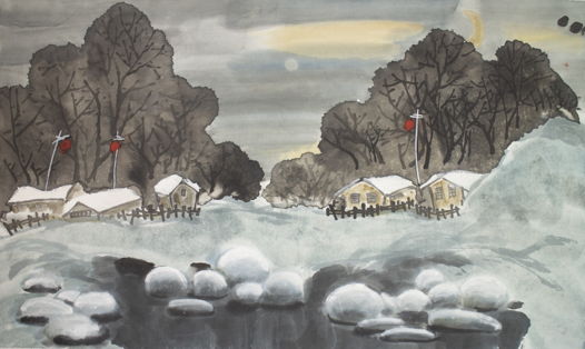 "Зимой в деревне", картина в традиционном китайском стиле се-и   (размер 40 * 60 см)