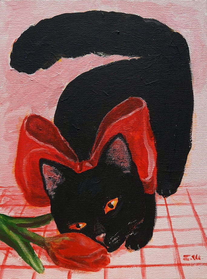 Картина "Котик и тюльпан"