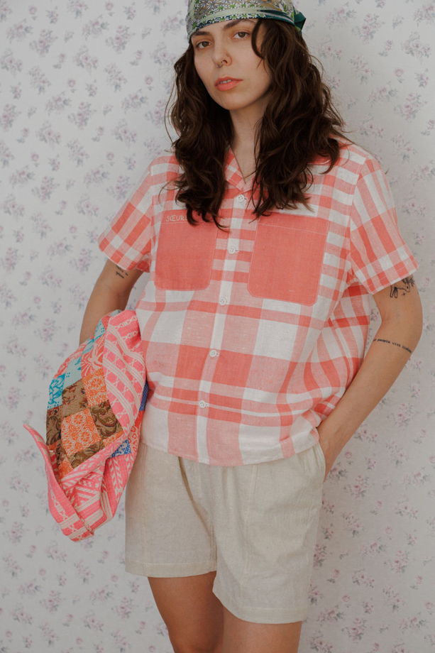 Розовая Клетчатая Рубашка/Pink Checkered Short Sleeve Shirt