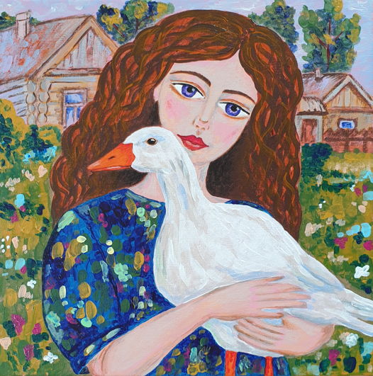 Картина "В обнимку со счастьем" акрил/холст 30×30