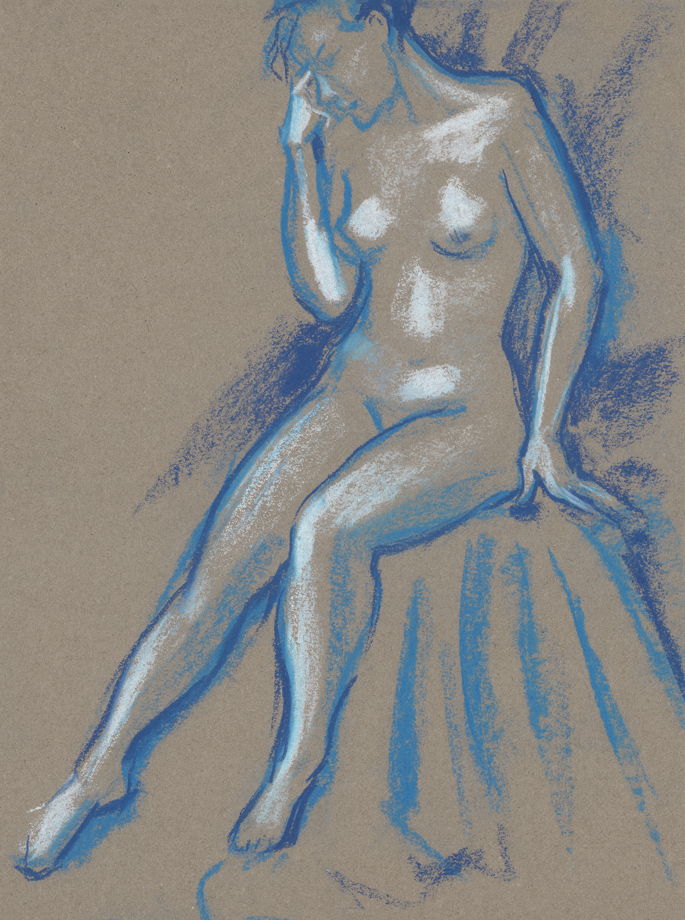 Обнаженная натура в голубых тонах. Интерьерная картина в раме с паспарту.