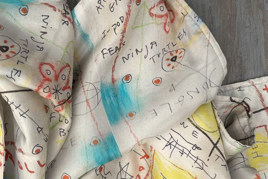 Тёплый стёганый шарф из натурального шёлка с рисунками и надписями “от руки”, unisex