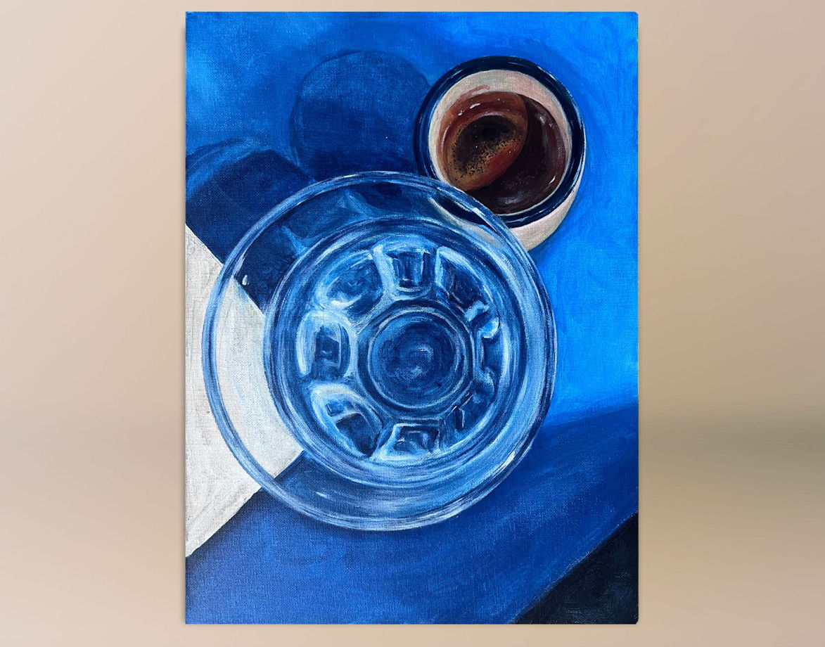 Натюрморт "Эспрессо на синем" акрил на холсте 30х40 см