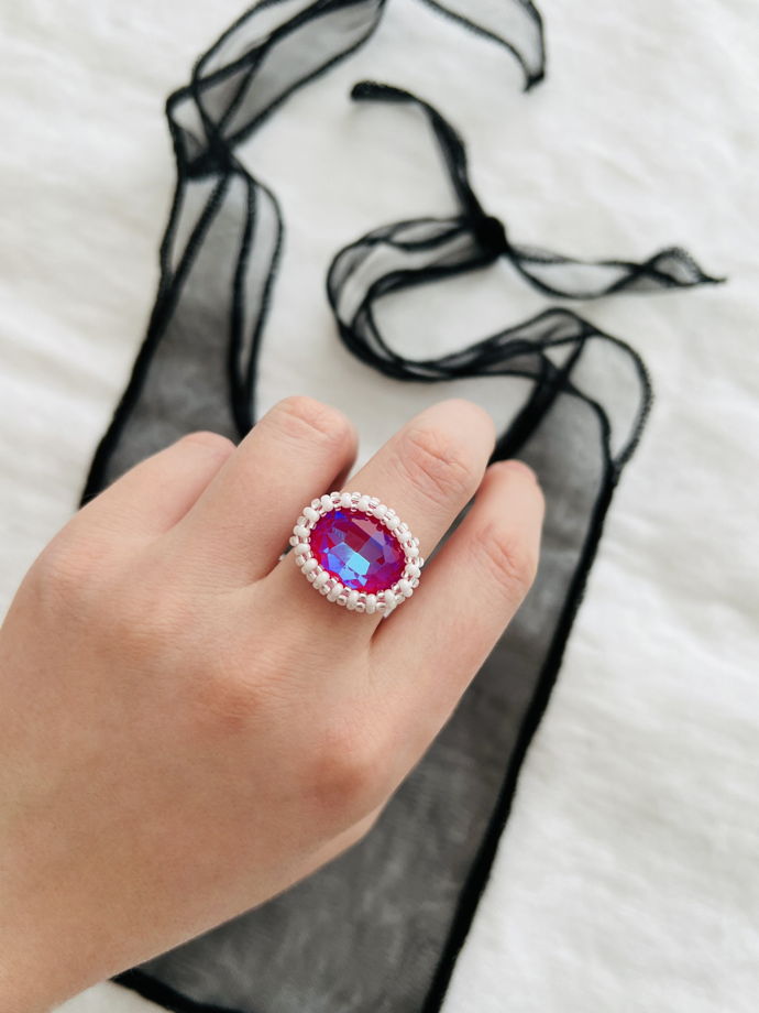 Кольцо "Valentina" из бисера с кристаллом цвета фуксия, размер 16,5-17 в дизайнерском мешочке limited edition