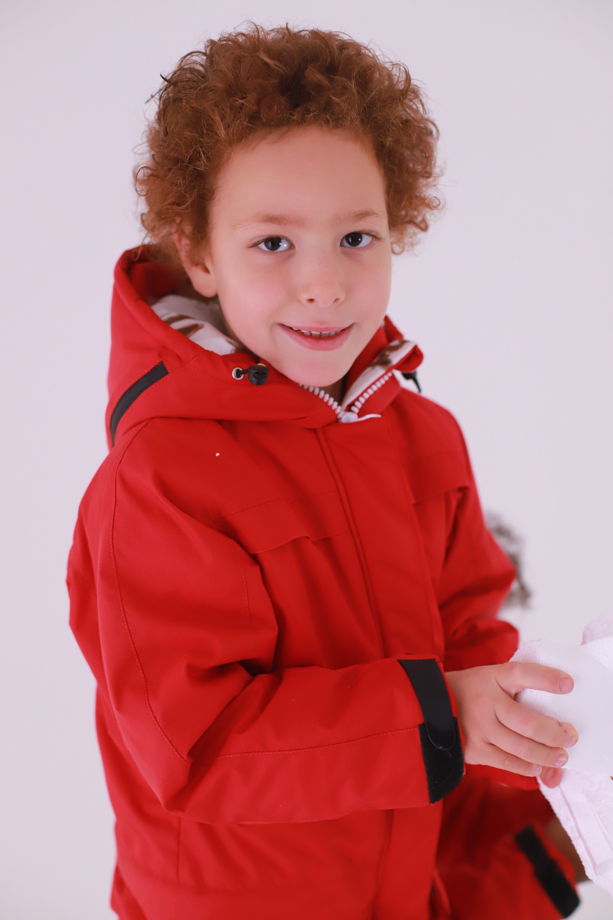 Детский зимний комбинезон унисекс в красном цвете с индивидуальным принтом на флисе