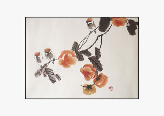 "Воробьи на ветвях хурмы", картина в традиционном китайском стиле се-и (65 * 47 см)