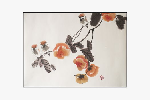 "Воробьи на ветвях хурмы", картина в традиционном китайском стиле се-и (65 * 47 см)