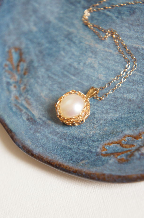 Золотая цепочка голдфилд и золотой плетёный кулон жемчуг wire wrapped винтаж