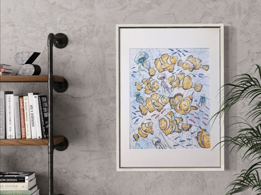 Авторская картина в интерьер акварелью на бумаге в раме "Морская жизнь" 50 см х 70 см