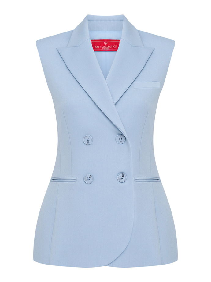 Двубортный жилет с объемными плечами, голубой
