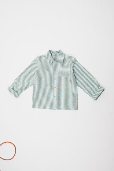 Рубашка детской льняной пижамы Green Stripe