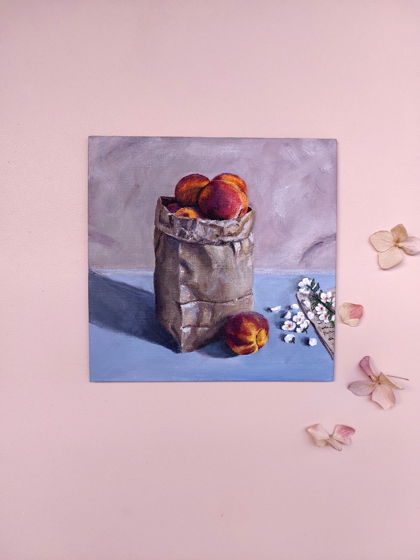 Картина на холсте персики, акрил, размер 15*15 см